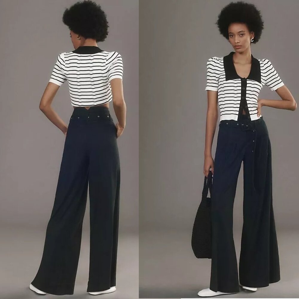 By Anthropologie Linen Belted Wide-Leg Pants SIZE 2 BLUE